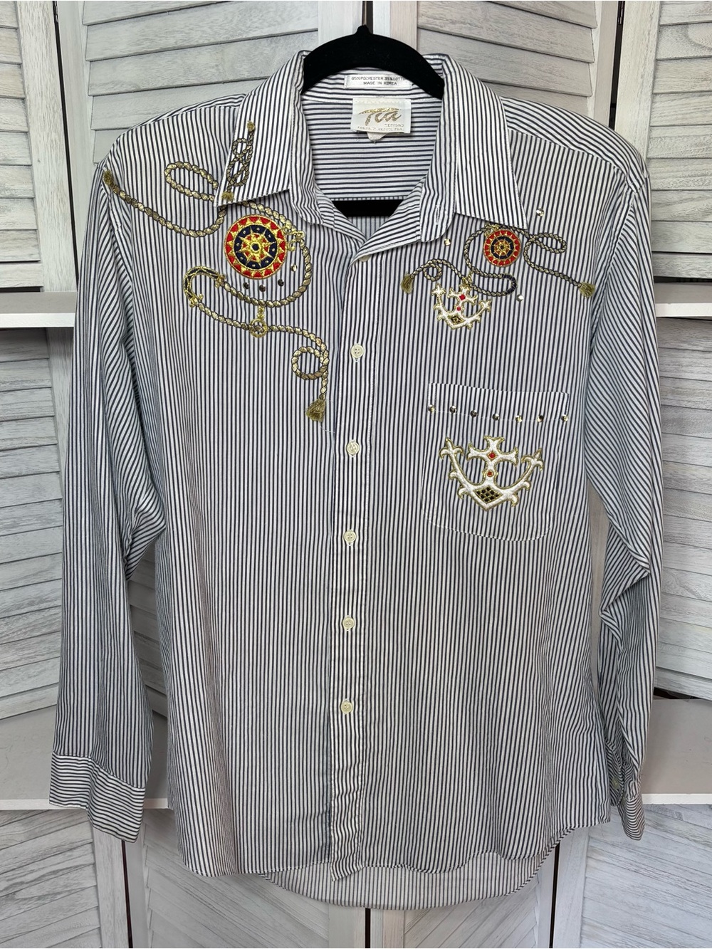 Vintage Tia Designs Nautical Embroidered Striped Button Down Shirt M